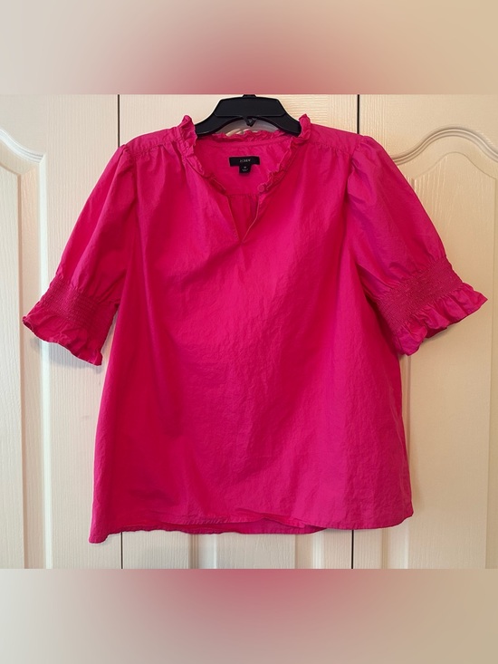 J. Crew Tops - J. Crew Women’s Bright Pink Ruffle Neck Short Sleeve Blouse Sz. M